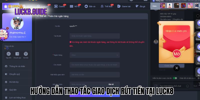 Hướng dẫn thao tác giao dịch rút tiền tại Luck8